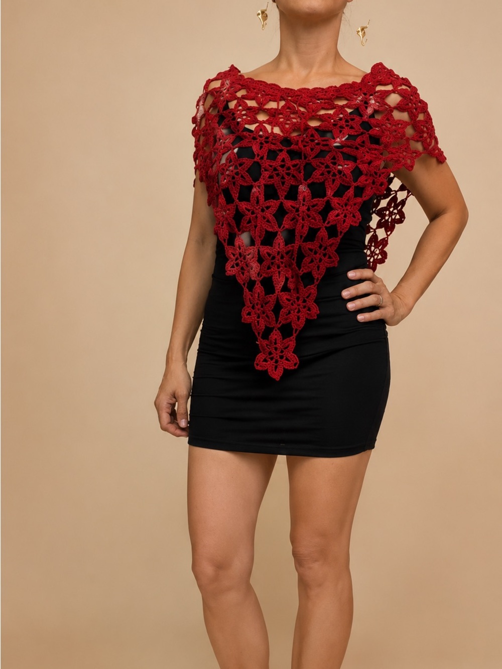 Handmade Red Cotton Crochet Floral Shawl Wrap Capelet NWOT